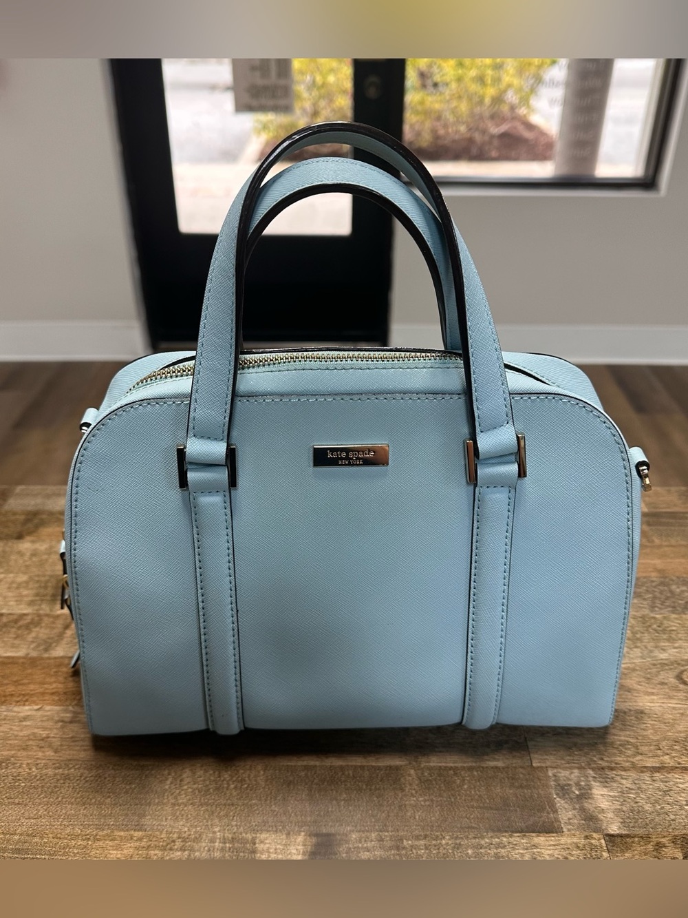 Kate Spade Light Blue Saffiano Satchel with Top Handles Robbin Egg Leather